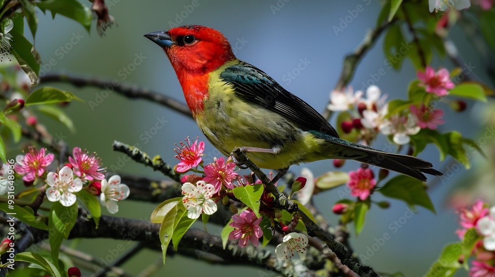 Tanager perched on a flowering tree its bright plumage contrasting with the blossoms Tanager perched on a flowering tree its bright plumage contrasting with the blossoms