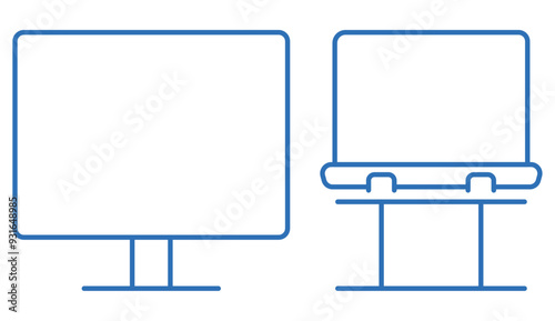 ノートパソコンとコンピューターモニター。デュアルディスプレイの編集可能な線のベクターアイコンイラスト
