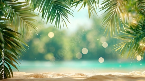 Tropical frame of palm leaves on blurred backdrop azure ocean and beach, Summer vacation concept