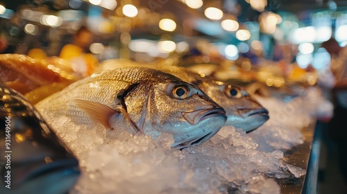 Close-up of fresh fish on ice in a market photo