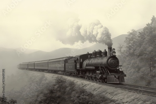 A classic engraving of a Victorian-era steam locomotive chugging along a scenic countryside. 