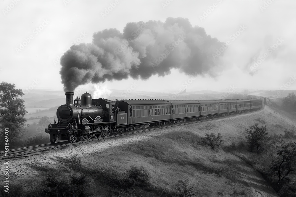 Obraz premium A classic engraving of a Victorian-era steam locomotive chugging along a scenic countryside.