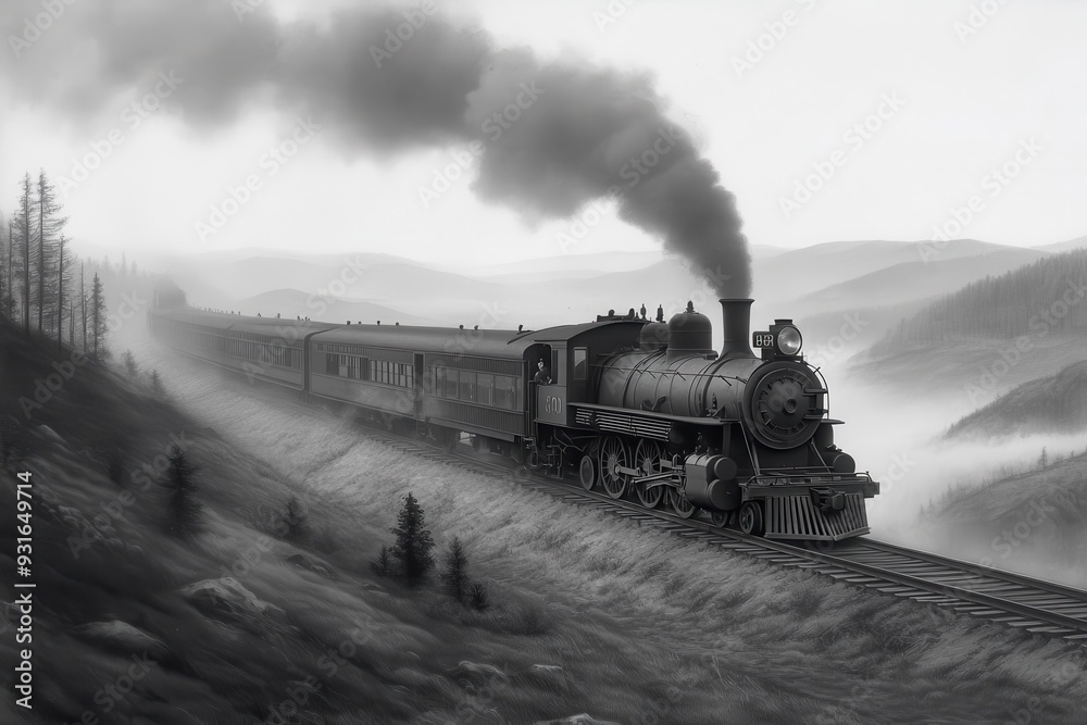 Obraz premium A classic engraving of a Victorian-era steam locomotive chugging along a scenic countryside.