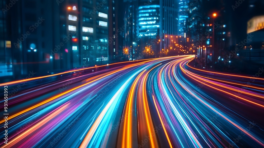 Night traffic on a city highway with bright lights and fast-moving cars Night traffic on a city highway with bright lights and fast-moving cars