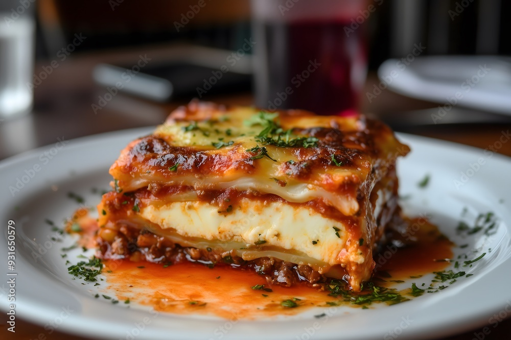 A homemade slice of lasagna served on a white plate A homemade slice of lasagna served on a white plate