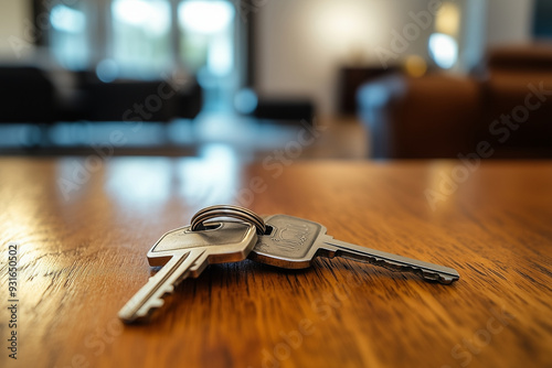 Set of two house keys on the ring on the table in a room