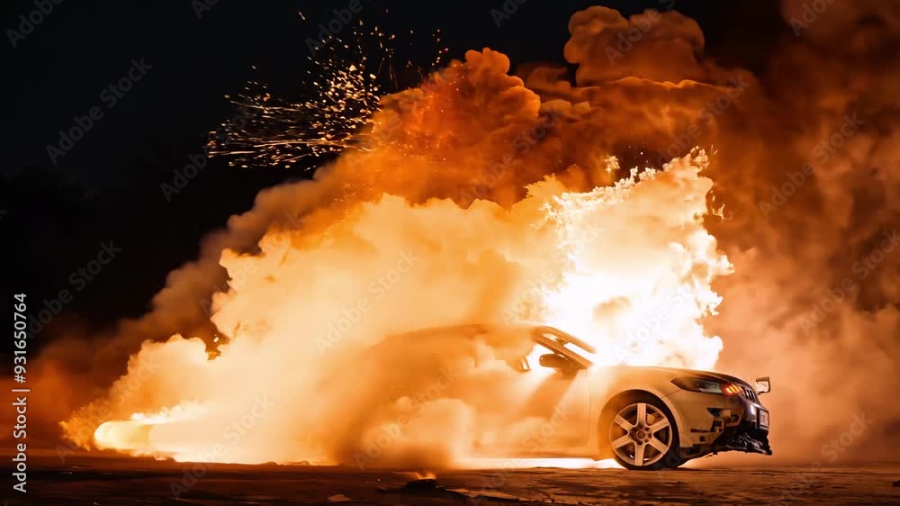Side view of car during powerful explosion with smoke and flames. Moment car completely catches fire at night