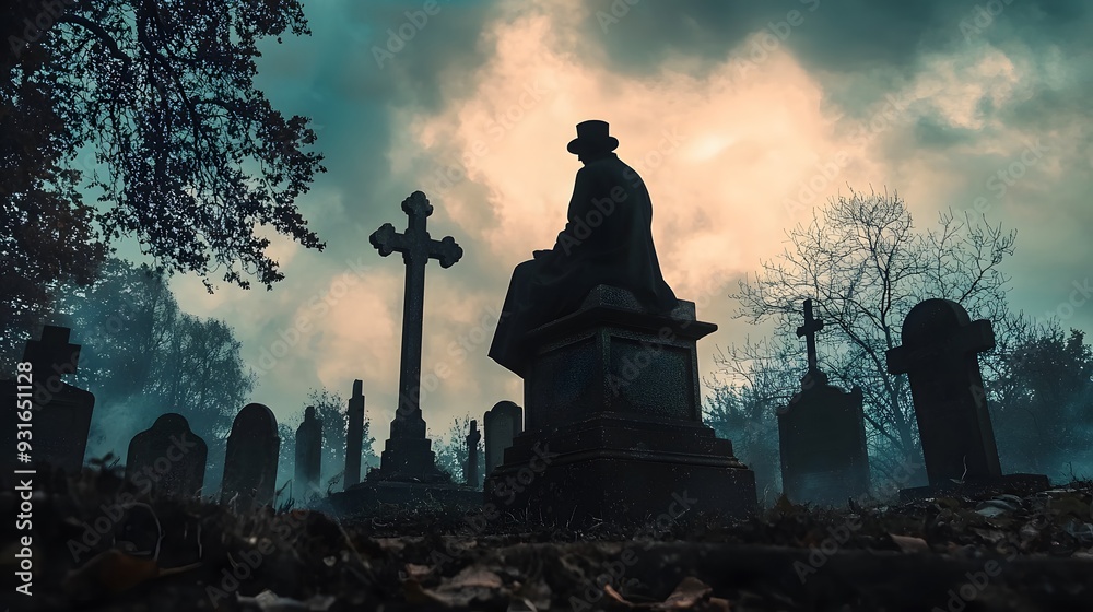 Silhouetted Figure in a Misty Graveyard with Gravestones and a Cross Casting an Ominous Atmosphere Silhouetted Figure in a Misty Graveyard with Gravestones and a Cross Casting an Ominous Atmosphere