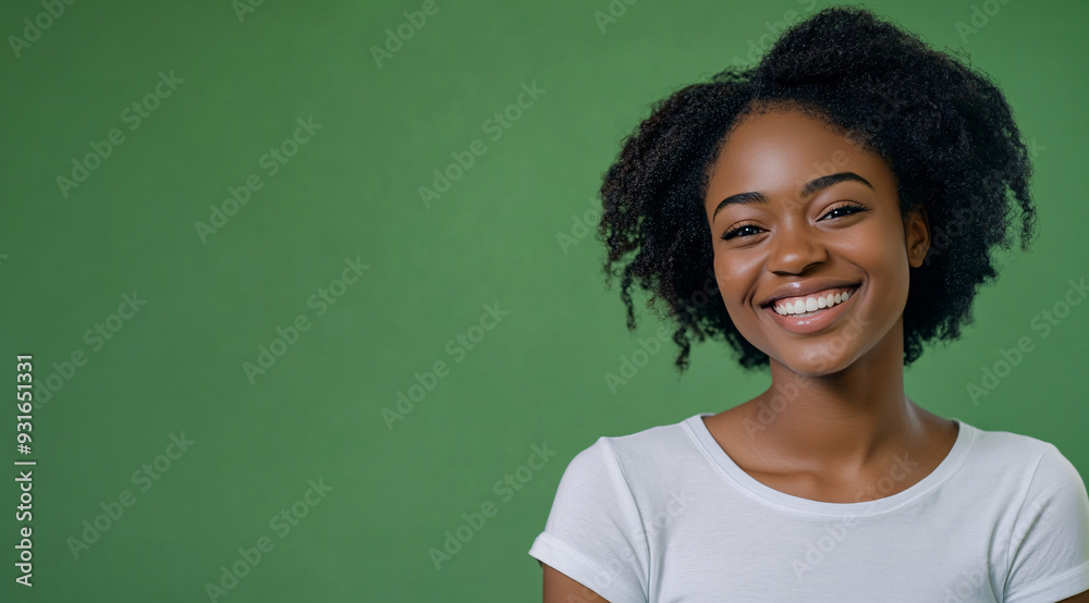 African American woman standing on green background banner, copy space for text African American woman standing on green background banner, copy space for text