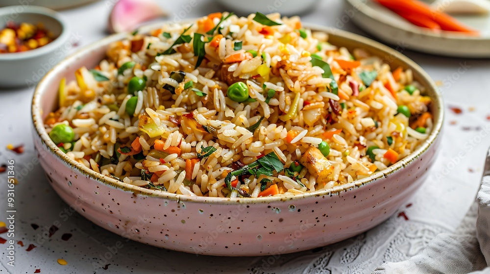 Close up of burnt garlic vegetable fried rice in a pink ceramic plate Close up of burnt garlic vegetable fried rice in a pink ceramic plate