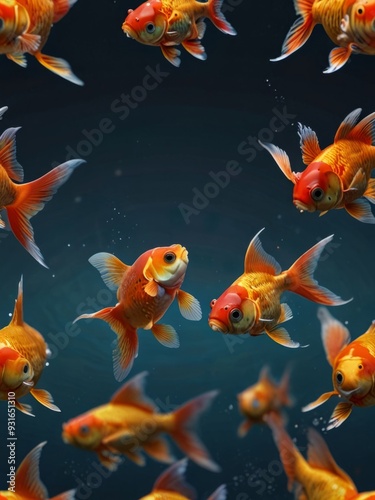 Vibrant orange goldfish swim gracefully in clear water. Their scales shimmer under the light. AI generated.