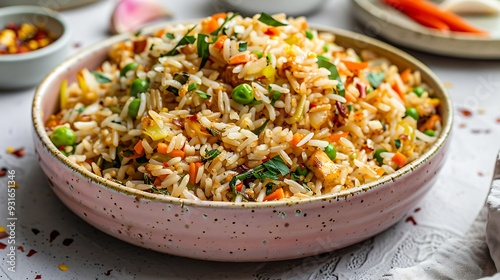 Close up of burnt garlic vegetable fried rice in a pink ceramic plate