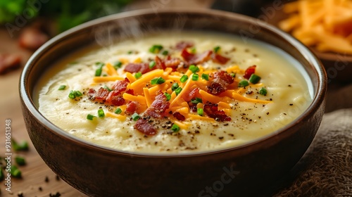 Single bowl of creamy potato soup, colorful toppings, crispy bacon bits, fresh chives, shredded cheddar cheese, cracked black pepper, rustic wooden table, comfort food.