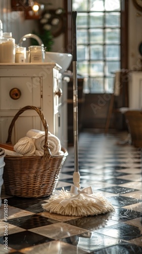 Basket of cleaning supplies on the floor, cleaning service
