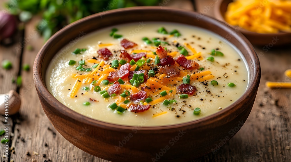 Single bowl of creamy potato soup, colorful toppings, crispy bacon bits, fresh chives, shredded cheddar cheese, cracked black pepper, rustic wooden table, comfort food. Single bowl of creamy potato soup, colorful toppings, crispy bacon bits, fresh chives, shredded cheddar cheese, cracked black pepper, rustic wooden table, comfort food.