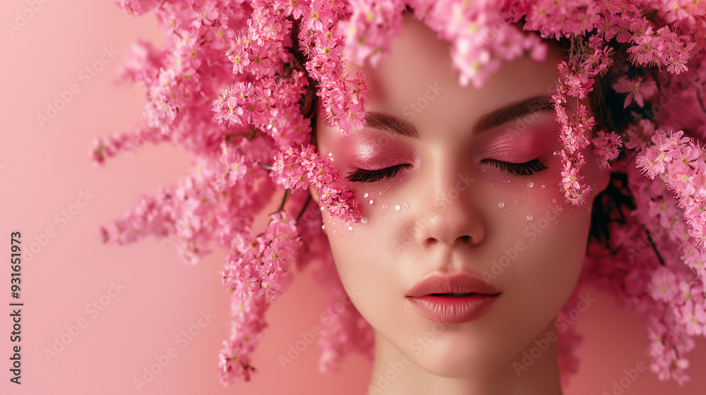 Woman with pink floral headpiece and makeup against a soft pink background. Copy space. Generative AI Woman with pink floral headpiece and makeup against a soft pink background. Copy space. Generative AI
