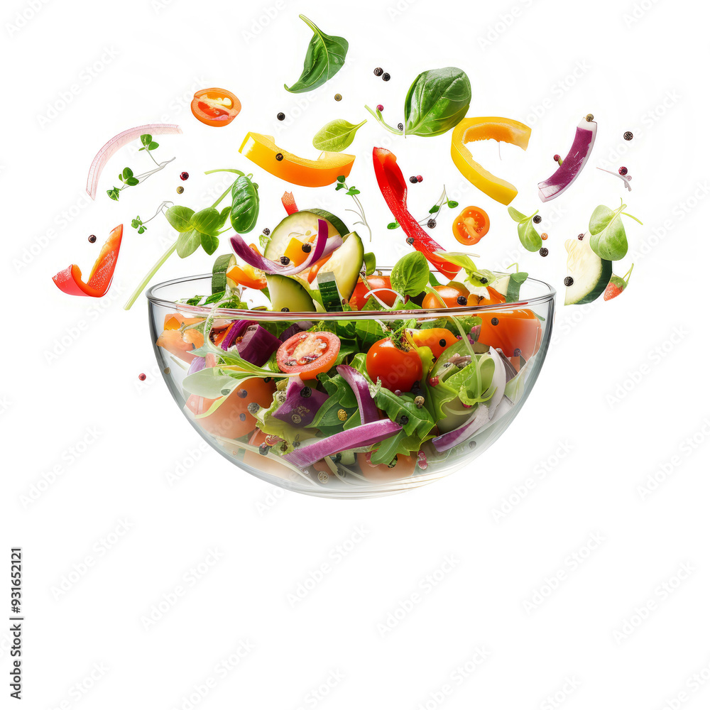 A floating bowl of vibrant fresh salad with colorful vegetables and dressing, suspended on white background. A floating bowl of vibrant fresh salad with colorful vegetables and dressing, suspended on white background.