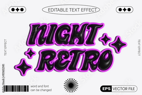 Night retro black and pink ed glossy inflated editable vector text effect. Retro y2k style chrome text