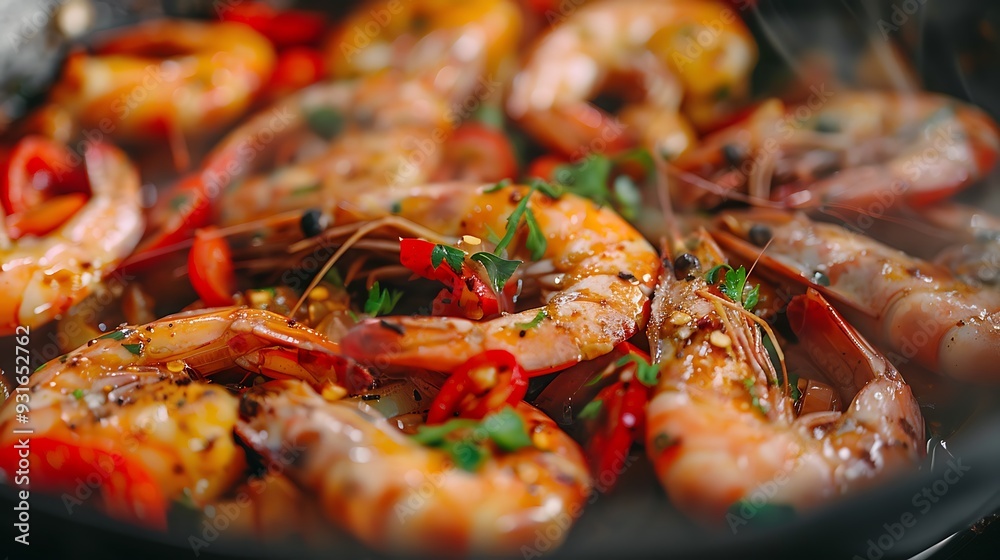 Close up of prawn with vegetable cooking in pan Close up of prawn with vegetable cooking in pan