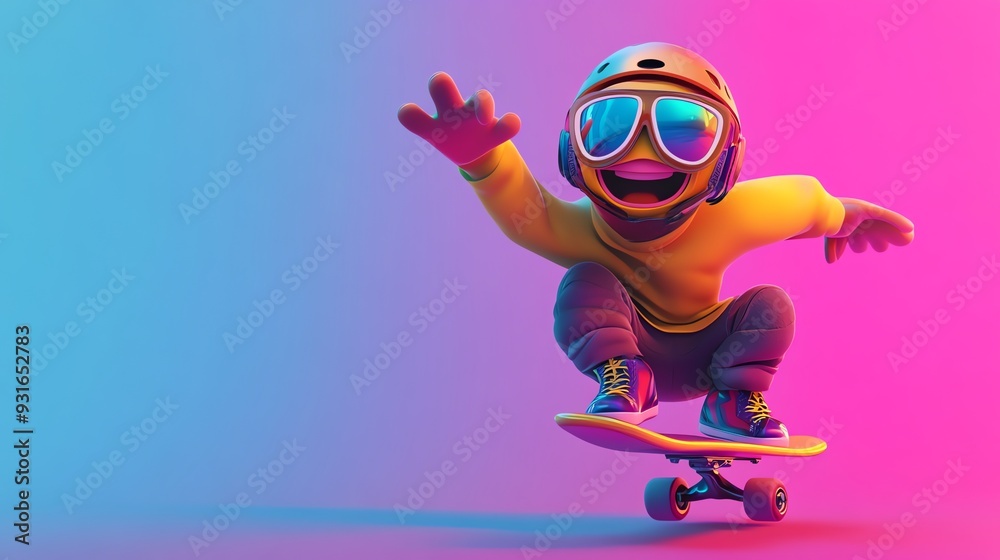 A 3D cartoon character is skateboarding, smiling and wearing goggles. A 3D cartoon character is skateboarding, smiling and wearing goggles.