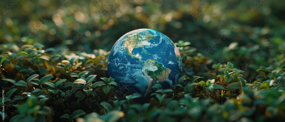 Earth globe resting among wildflowers, symbolizing environmental conservation and nature's beauty. Earth globe resting among wildflowers, symbolizing environmental conservation and nature's beauty.