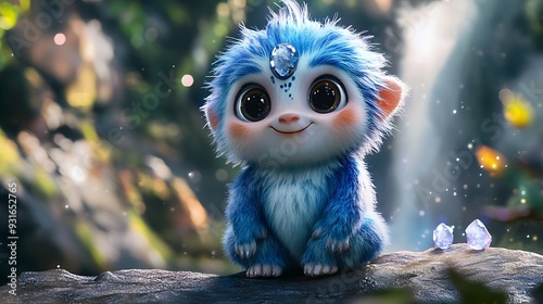 A cute blue creature with big eyes and a sweet smile sits on a rock in a magical forest.