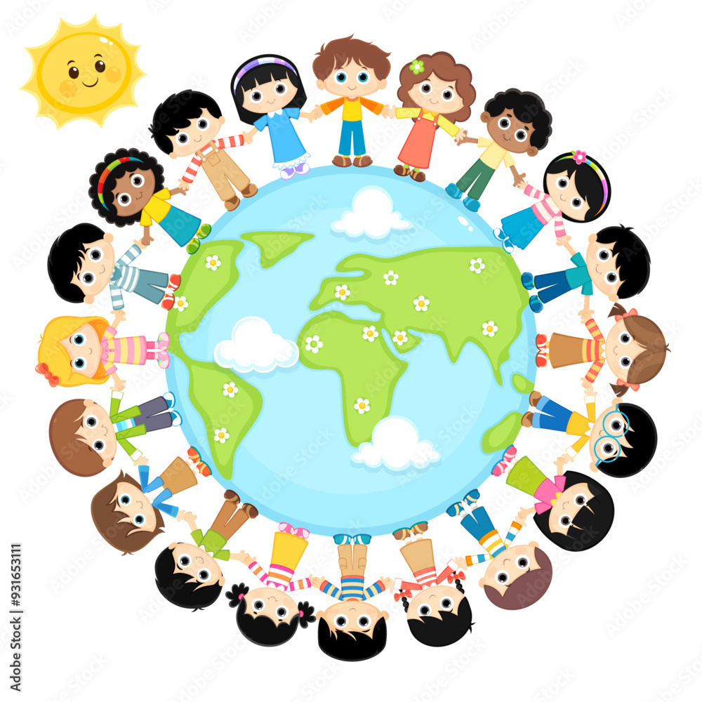 Naklejka premium Funny cartoon group of Kids standing around World map poster vector illustration Isolated on white background