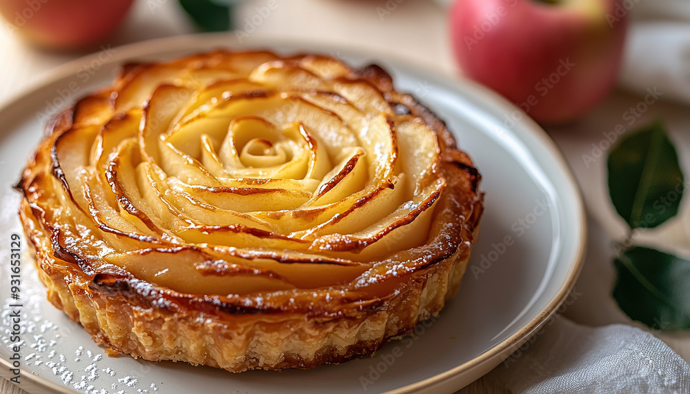 Rose shaped pastry with apple filling on plate on light wooden table, copy space for text Rose shaped pastry with apple filling on plate on light wooden table, copy space for text