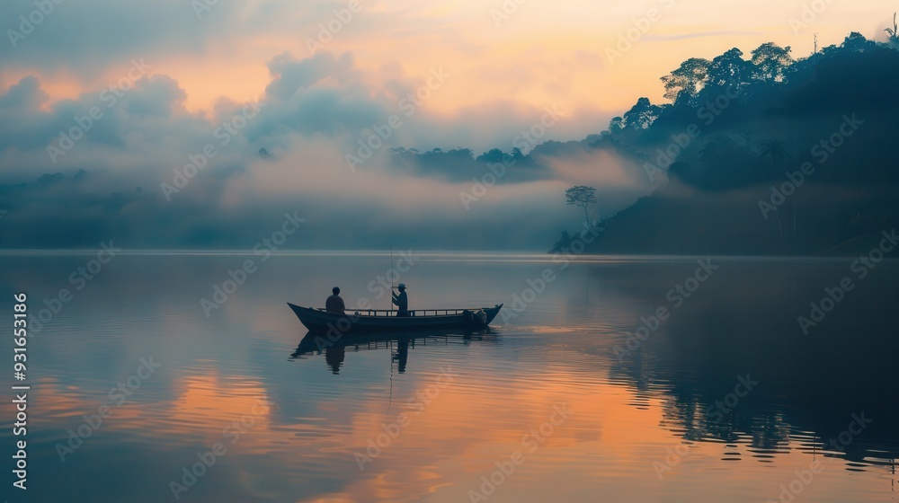 Two people enjoy a tranquil boat ride on a calm lake as dawn breaks, casting soft reflections on the water amidst a low fog. Generative AI Two people enjoy a tranquil boat ride on a calm lake as dawn breaks, casting soft reflections on the water amidst a low fog. Generative AI