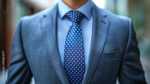  Close-up of a man wearing a blue suit with a polka dot tie. Copy space. Generative AI 