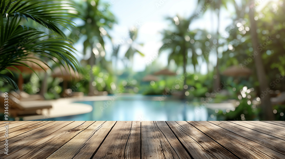 Wooden deck with a tropical pool and palm trees in the background. Copy space. Generative AI Wooden deck with a tropical pool and palm trees in the background. Copy space. Generative AI
