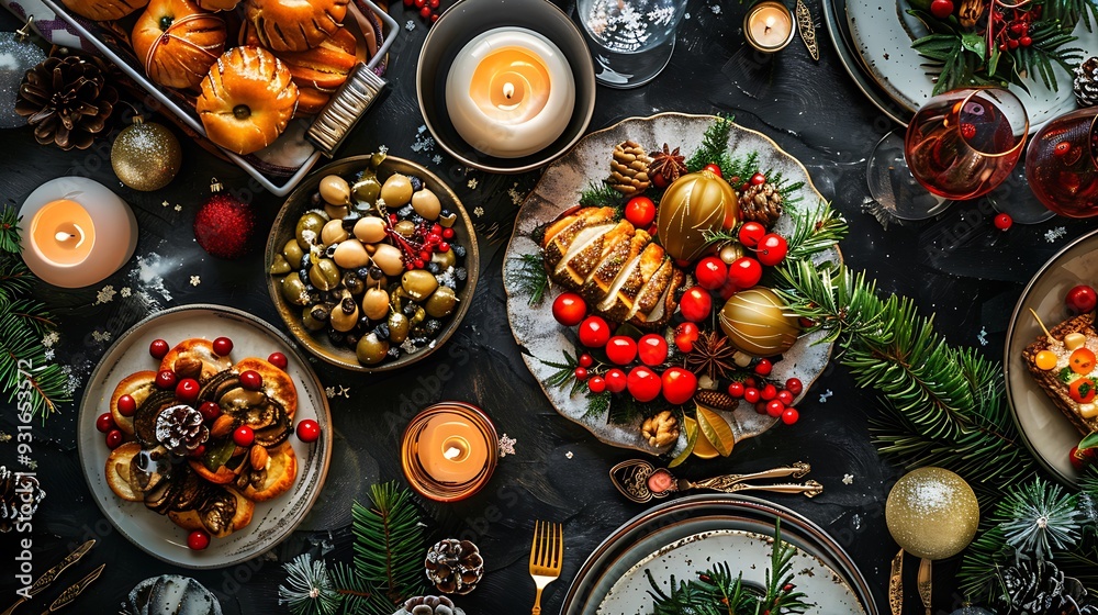 close up top view of a christmas new years eve decorated table with appetizers dishes close up top view of a christmas new years eve decorated table with appetizers dishes
