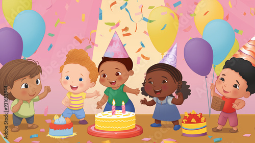 Group Of Happy Toddlers Celebrating A Birthday Party With Cake And Balloons