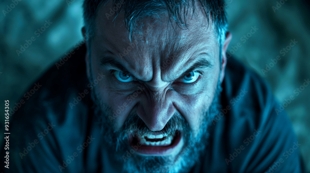 Furious man with intense stare in dramatic blue lighting. Generative AI Furious man with intense stare in dramatic blue lighting. Generative AI
