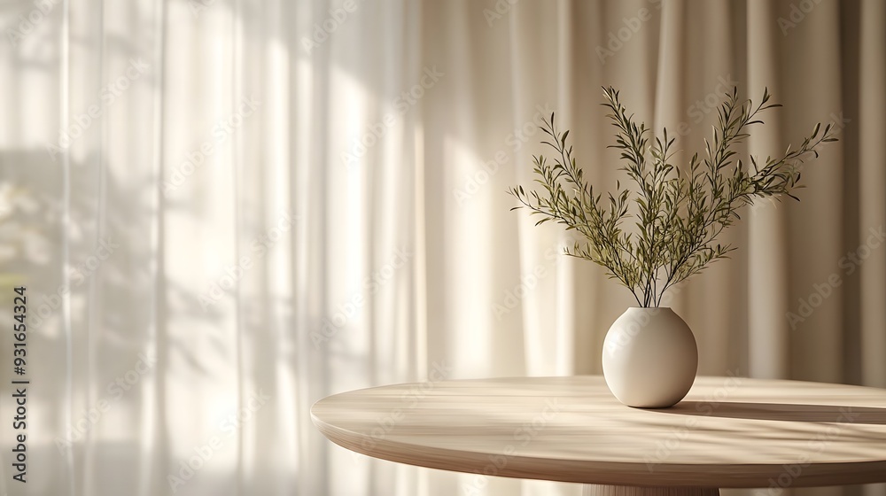 White wooden round table, minimalist Scandinavian design, soft beige curtains background, potted plant, natural sunlight, cozy interior, warm tones, clean lines. White wooden round table, minimalist Scandinavian design, soft beige curtains background, potted plant, natural sunlight, cozy interior, warm tones, clean lines.