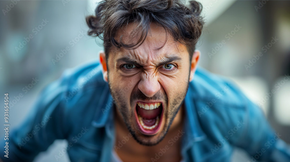 Angry man shouting with intense facial expression in an urban setting. Generative AI Angry man shouting with intense facial expression in an urban setting. Generative AI