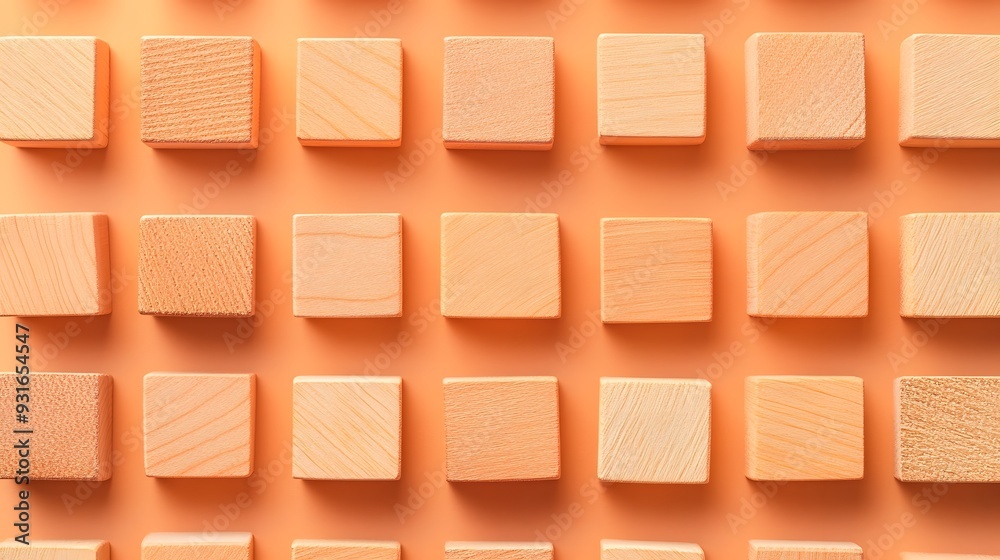 Wooden blocks arranged in grid pattern, light orange background, minimalist composition, copy space for text, clean aesthetic, natural wood texture, geometric shapes. Wooden blocks arranged in grid pattern, light orange background, minimalist composition, copy space for text, clean aesthetic, natural wood texture, geometric shapes.