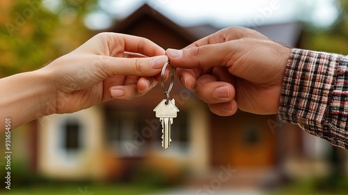couple hands holding house shaped key to new buy real estate, blurred property background