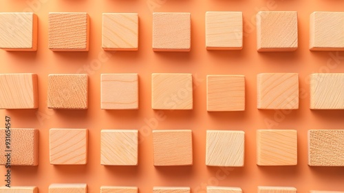 Wallpaper Mural Wooden blocks arranged in grid pattern, light orange background, minimalist composition, copy space for text, clean aesthetic, natural wood texture, geometric shapes. Torontodigital.ca