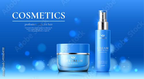 Cosmetic product template, lift and anti aging cream packages, vector ad poster. Skincare cosmetics bottle and jar mockup with silver shine and bokeh glow for anti-aging cream and face moisturizer
