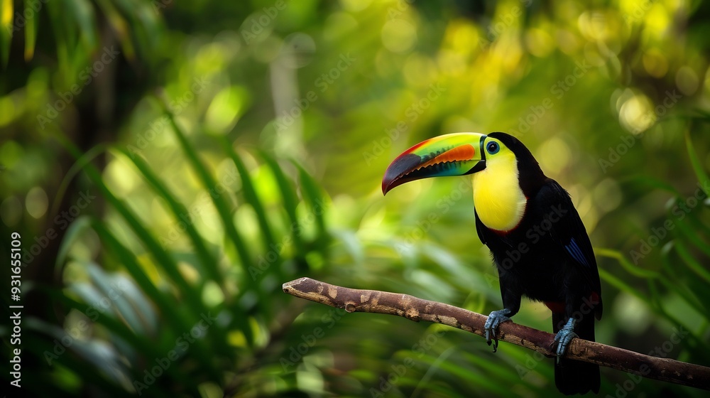 Toucan perched on a branch in a tropical rainforest its colorful beak vivid against the lush green background Toucan perched on a branch in a tropical rainforest its colorful beak vivid against the lush green background