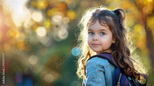 A portrait of a young girl, smiling and ready for her first day back at school, carrying a backpack and standing confidently. A bright, eager expression captures the excitement of the school year ahea