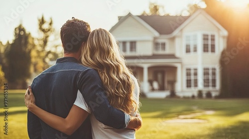 young couple woman and man hugging and looking at new house real estate