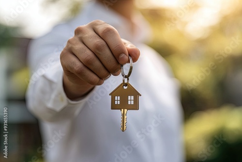 real estate agent holding in hand house shaped key to new property, buy and sell photo