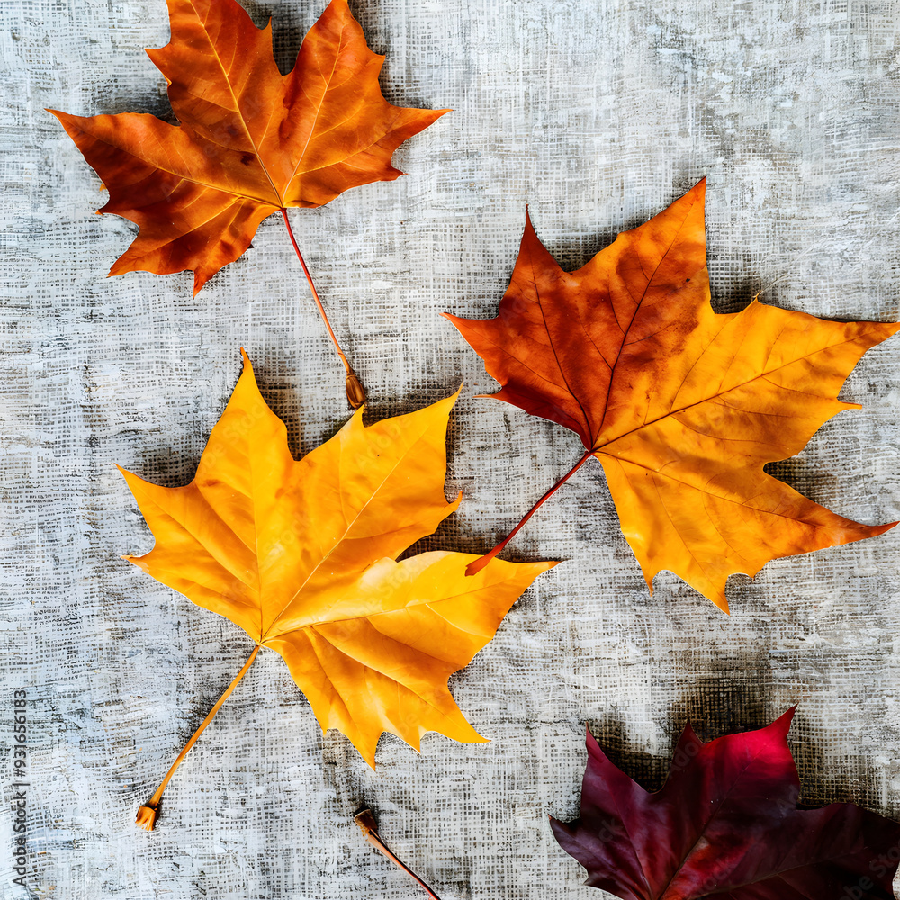 Obraz premium Autumn fall leaves and natural sunlight shadows on messy crumpled linen cloth background. Aesthetic autumn flat lay, business brand template.