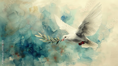 A serene white dove flies with an olive branch in its beak, set against an abstract watercolor background, embodying peace, harmony, and balance in its artistic essence. photo