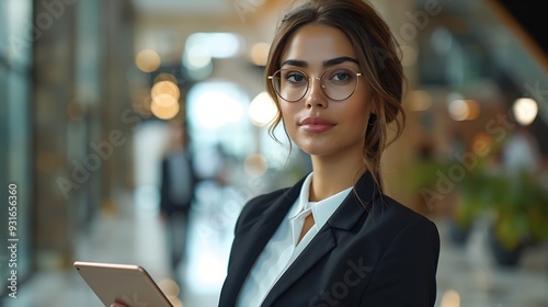 Young businesswoman arabic or indian ethnicity holding digital tablet looking aside for promo advertising Israel middle eastern business lady woman in suit using pc computer isolated C : Generative AI photo