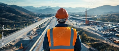 A construction worker in a hard hat and reflective vest overlooks a highway project surrounded by mountains, showcasing infrastructure development and engineering