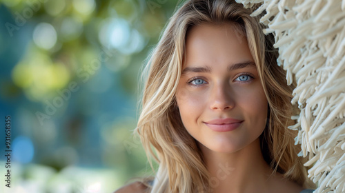  Close-up portrait of a young woman with blonde hair and blue eyes outdoors. Generative AI 