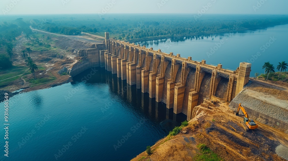 Obraz premium Hydroelectric Dam in Tropical Landscape. Aerial view of a hydroelectric dam in a tropical landscape, showcasing the blend of advanced engineering with lush natural surroundings.